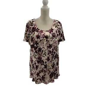Kate Hill Women’s Floral Silk Lined Blouse Sz 22W Short Flutter Sleeve Stretch